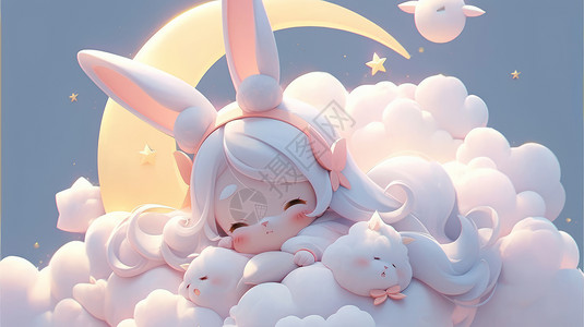 透明月亮戴着兔子耳朵可爱的卡通小女孩趴在云朵上睡觉插画