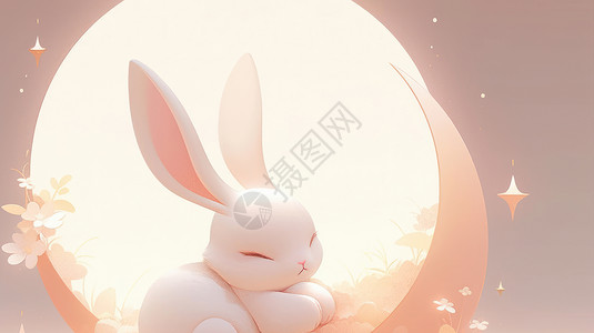 趴在圆圆的月亮前的可爱卡通兔子背景图片