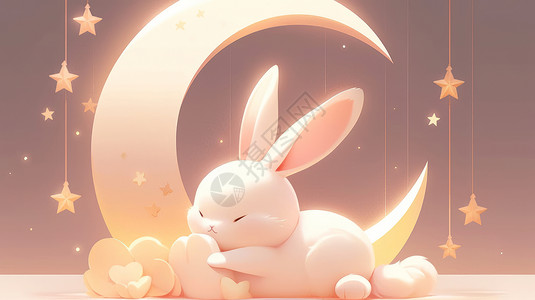 趴在月牙旁睡觉的可爱卡通小白兔背景图片