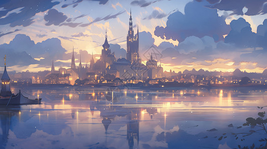 漂浮复古金色花傍晚一座欧式复古卡通城堡在湖边唯美卡通风景插画