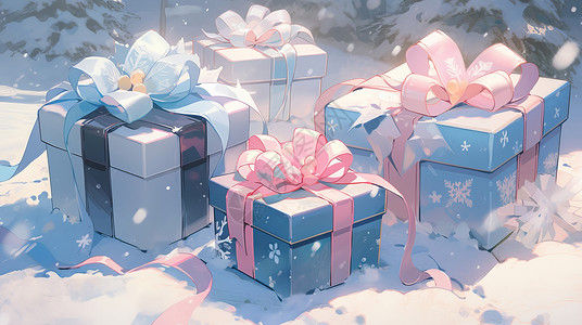 蓝丝带冬天在雪地中系着丝带的卡通礼物盒插画