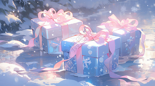 蓝丝带冬天在雪地中系粉色丝带的卡通礼物盒插画