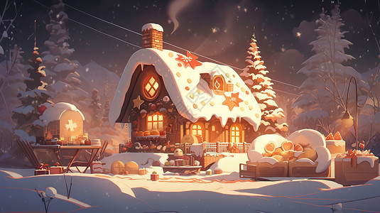 夜晚圣诞节雪地中亮着灯温馨的卡通小屋图片