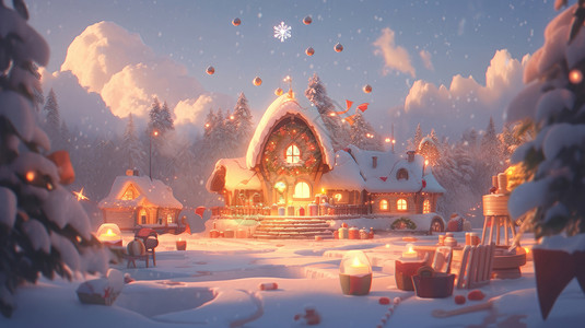 冬天雪地中温馨的卡通小房子背景图片