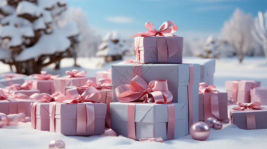 雪花丝带系着粉色丝带的礼物们在雪地中插画