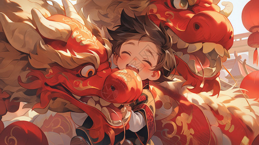 春节喜庆的红色龙与开心的小朋友背景图片