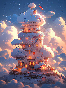 云朵上梦幻可爱的卡通小屋背景图片