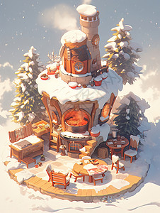 在雪地森林中温馨的卡通小木屋背景图片