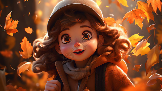 秋天在森林中欣赏景色戴着围巾可爱的卡通女孩图片