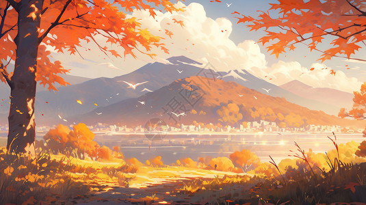 秋天唯美漂亮的卡通风景背景图片