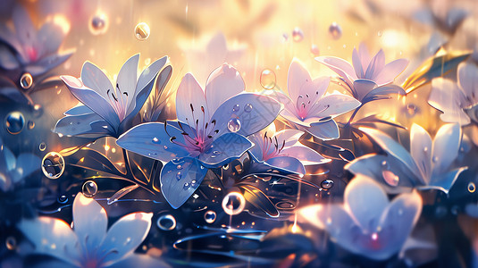 卡通蓝色水滴雨中盛开漂亮的蓝色花朵们插画