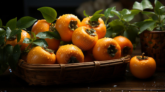 一筐新鲜诱人的橙色柿子图片
