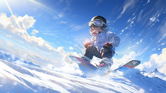 冬季滑雪男孩蓝天白云下滑雪的卡通人物插画
