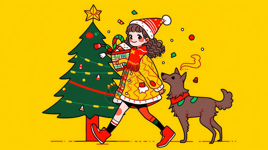 抱圣诞树女孩抱着礼物与宠物狗正在走路的卡通女孩插画