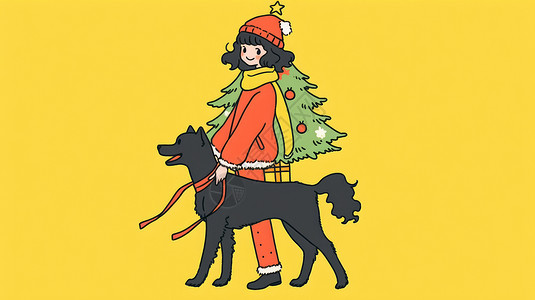 牵狗的女孩圣诞节牵着黑色宠物狗走路的卡通女孩插画