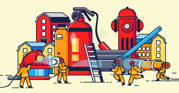 部门活动全国消防日消防员防火线描风横版插画插画