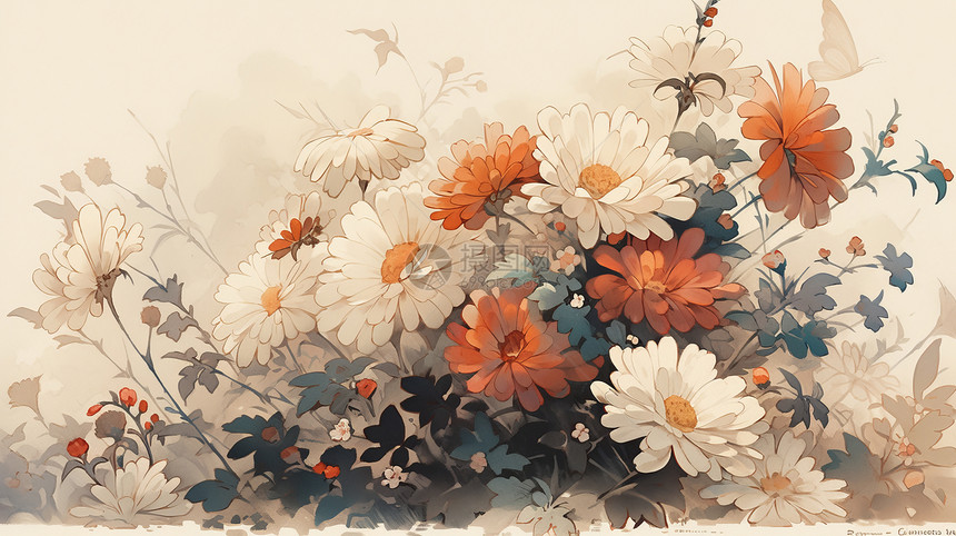 秋天漂亮盛开的卡通菊花图片
