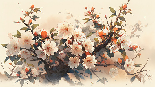 一枝樱花一枝盛开的卡通梅花插画
