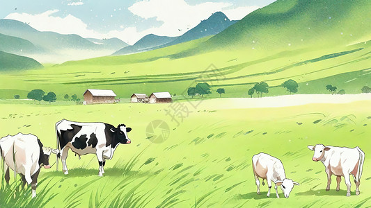高原素材草原牧场的牛羊插画