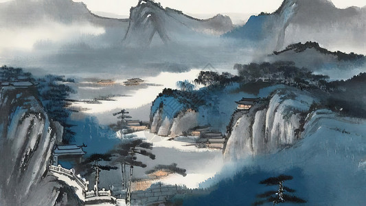 简约蓝灰调中国风山水画插画