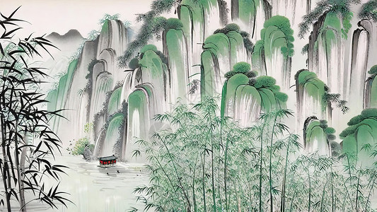 绿色丘陵古风竹海山峰丘陵插画