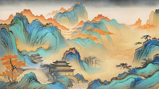 极简中国山河古风山水画插画