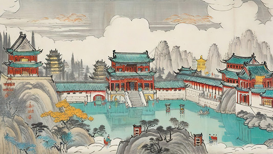 古代建筑群寺庙风格背景图片