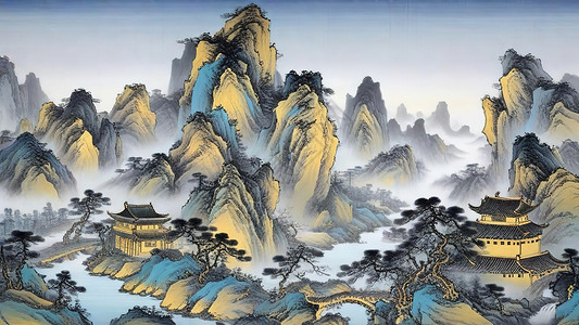 大气青石纹理山脉河流和宫殿背景图片
