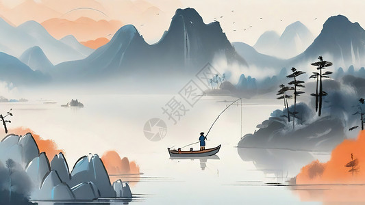 湖边孤舟垂钓者背景图片