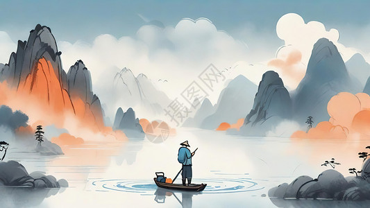 湖边孤舟垂钓者水墨画背景图片
