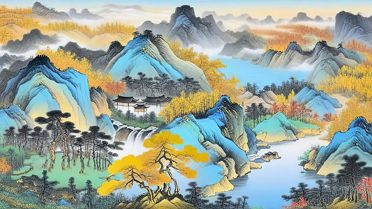 壮观山水古风山水壮观水彩画插画