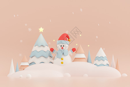 3D渲染冬季卡通雪人森林场景背景图片
