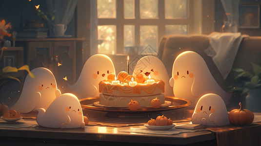 聚会餐万圣节在餐桌前吃蛋糕的卡通幽灵们插画