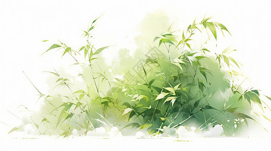 艺术绿色植物长在石头上的绿色卡通竹子水墨风插画