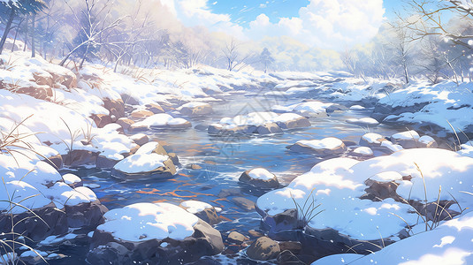 冬天唯美清新的卡通小溪风景背景图片