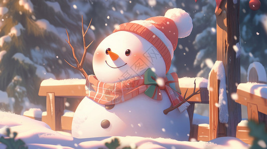雪地里小雪人戴帽子和围巾的可爱卡通小雪人插画