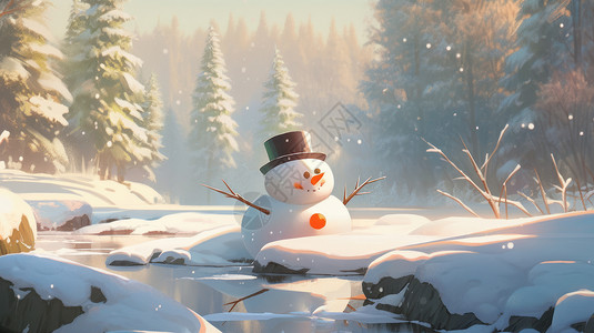 下大雪的森林中一个可爱的卡通小雪人在河边背景图片