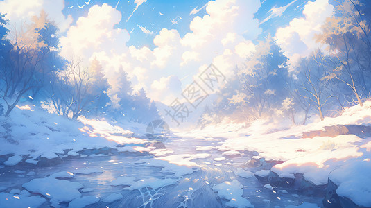 唯美冬天雪后的小溪卡通风景高清图片