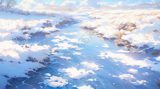 雪后唯美的卡通小溪风景图片