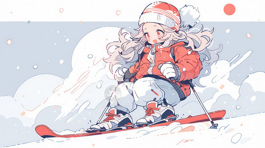 穿着冬装正在滑雪的长发卡通女孩图片