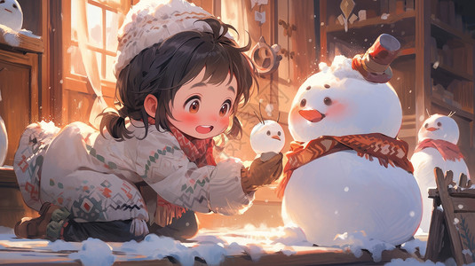 正在堆雪人的可爱卡通小女孩背景图片