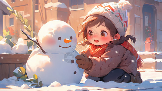 穿着很厚的冬天衣服在户外堆雪人的可爱卡通女孩图片
