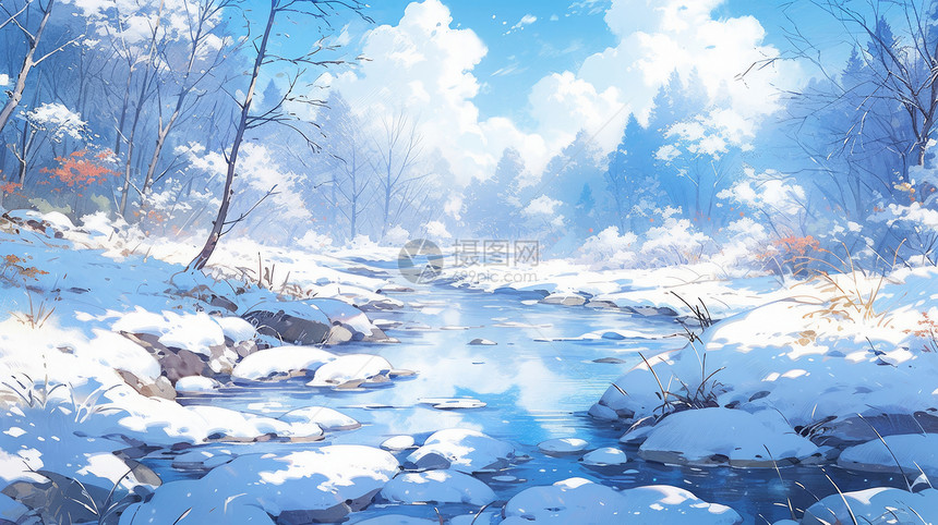 森林中冬天雪后唯美卡通风景图片