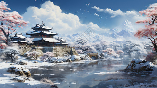 雪后唯美的卡通古风建筑山水风景背景图片