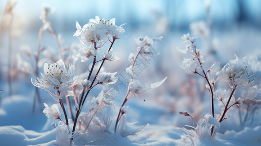 植物霜在雪中盛开的几株超现实花朵插画
