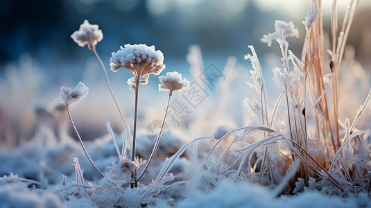 冬天雪地中被霜冻过之后的植物们图片