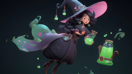 拿着笤帚的女巫拿着魔法药水的可爱卡通小巫女插画