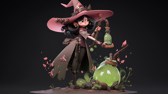 绿色药水戴着粉色帽子的可爱卡通小巫女插画