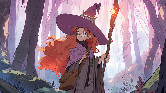 巫女帽拿着魔法棒在森林中探险的可爱长发卡通魔女插画