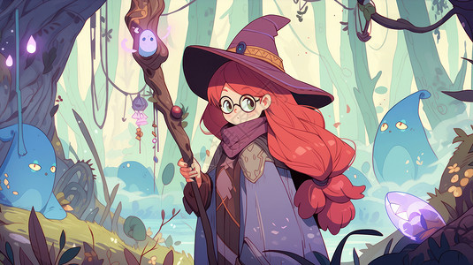 巫女帽万圣节手拿魔法杖在森林中的可爱卡通小女巫插画